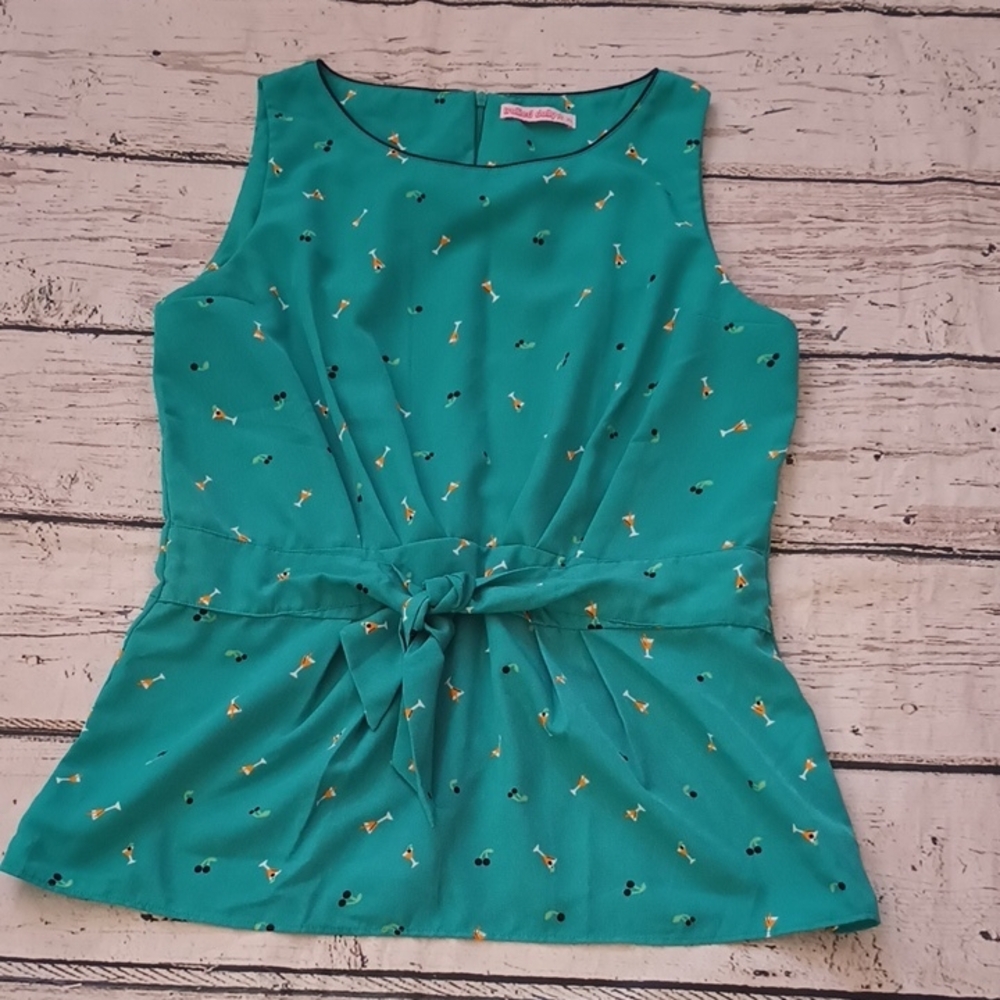 Trollied Dolly Teal Cocktail Cherry Print Tie Waist Tank Blouse XL